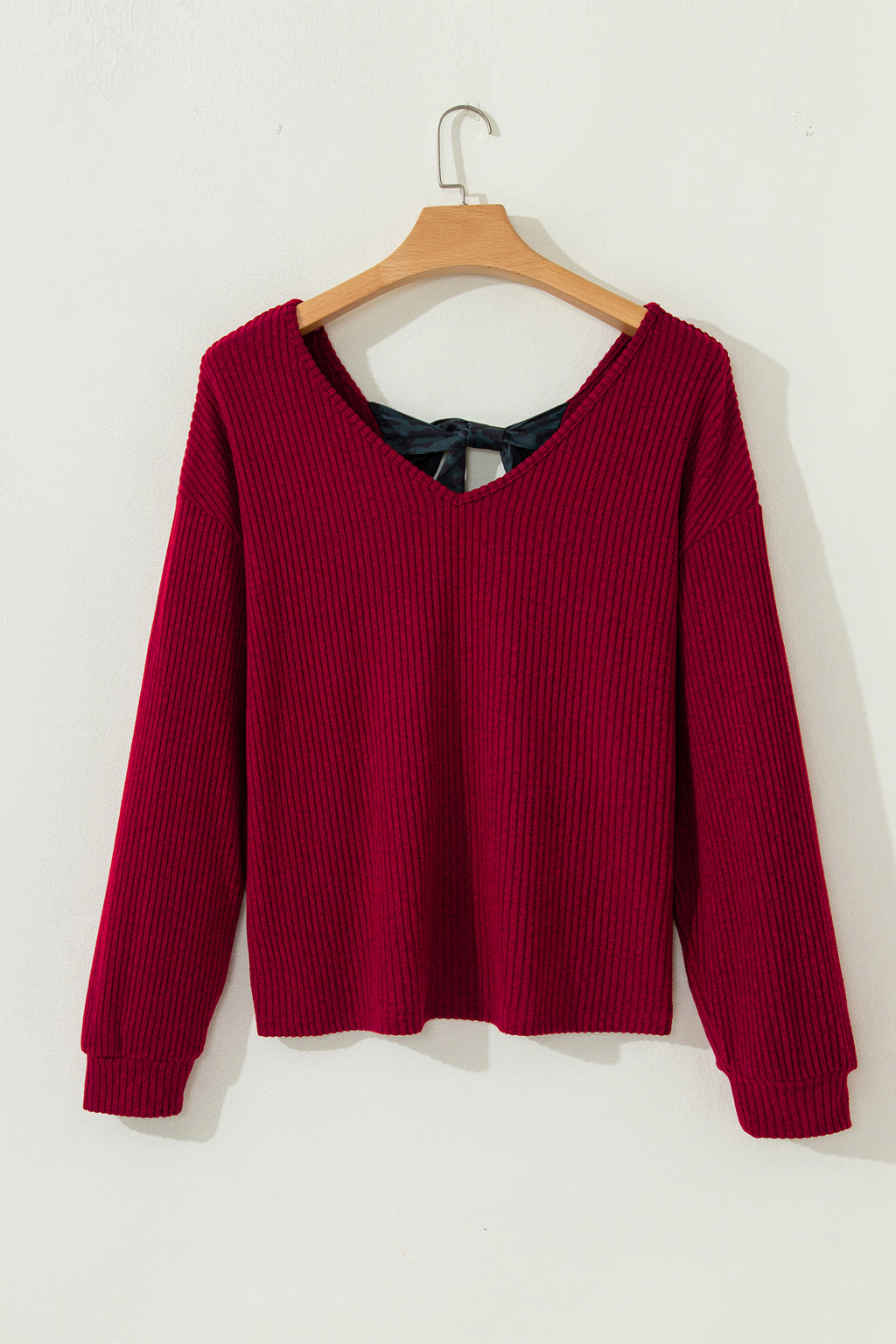 Simply Taupe Ribbed V Neck Contrast Ribbon Bow Back Drop Shoulder Long Sleeve Top