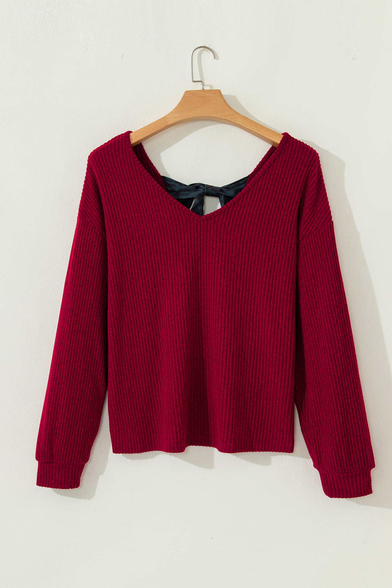 Simply Taupe Ribbed V Neck Contrast Ribbon Bow Back Drop Shoulder Long Sleeve Top