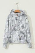Gray Camo Leaf Print Kangaroo Pocket Quarter Zip Hoodie