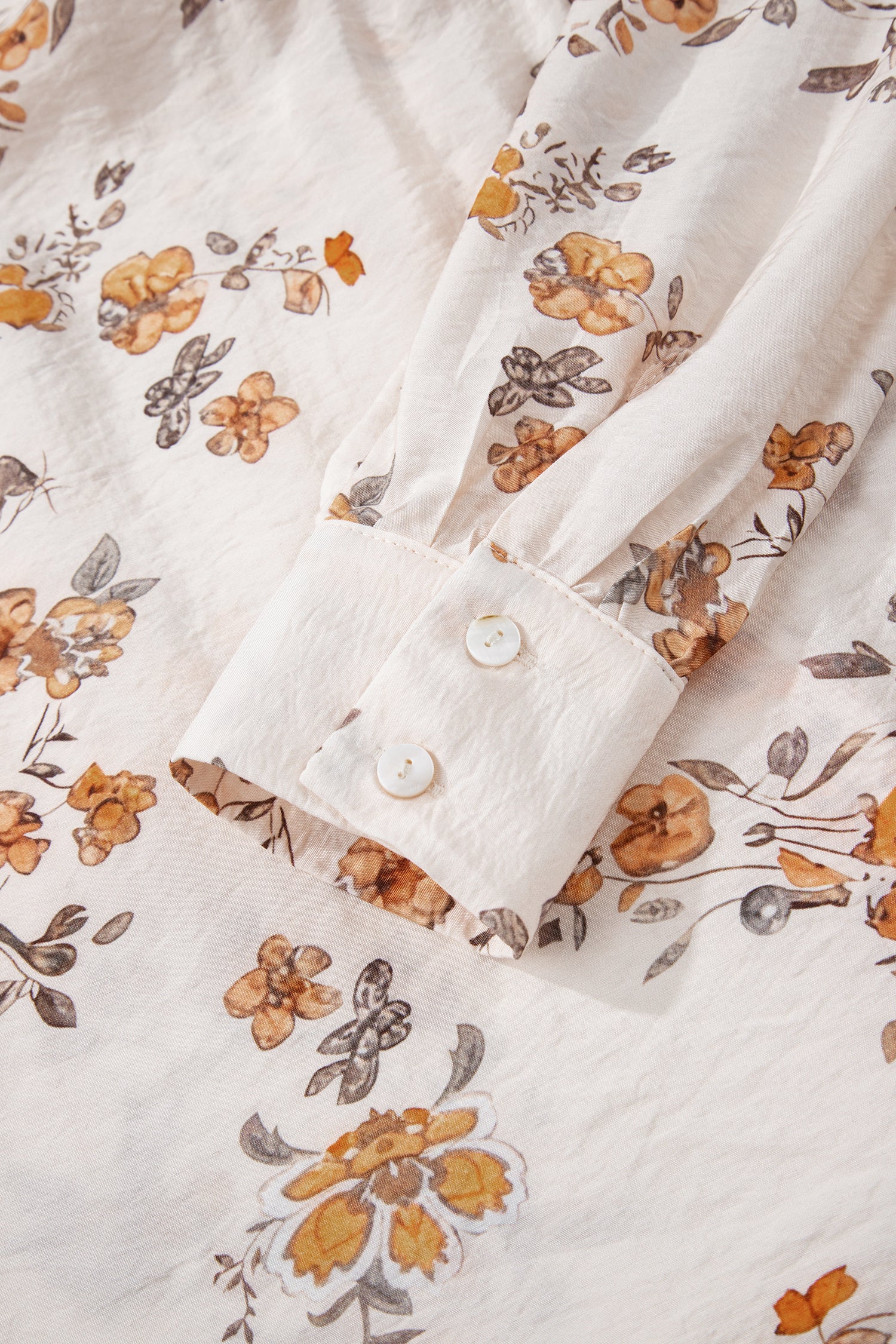 Apricot Floral Printed Silky Button Up Long Sleeve Shirt