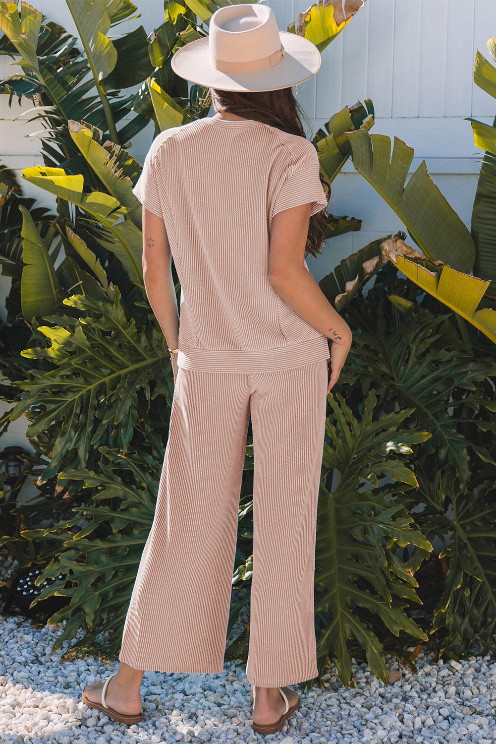 Bright Pink Solid Corded Knit Short Sleeve T Shirt and Wide Leg Pants Set