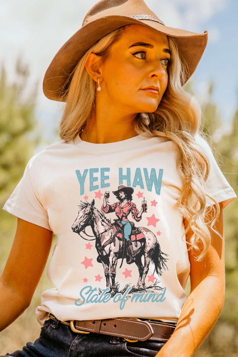 White YEE HAW State of mind Cowgirl Graphic Western Fashion Tee