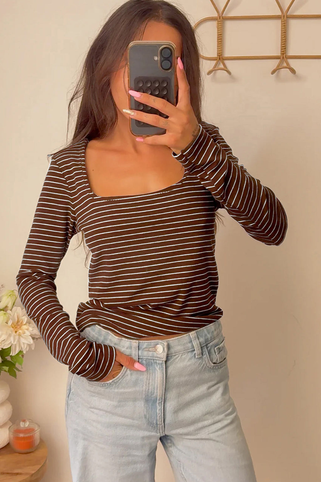 Brown Stripe Square Neck Long Sleeve Top