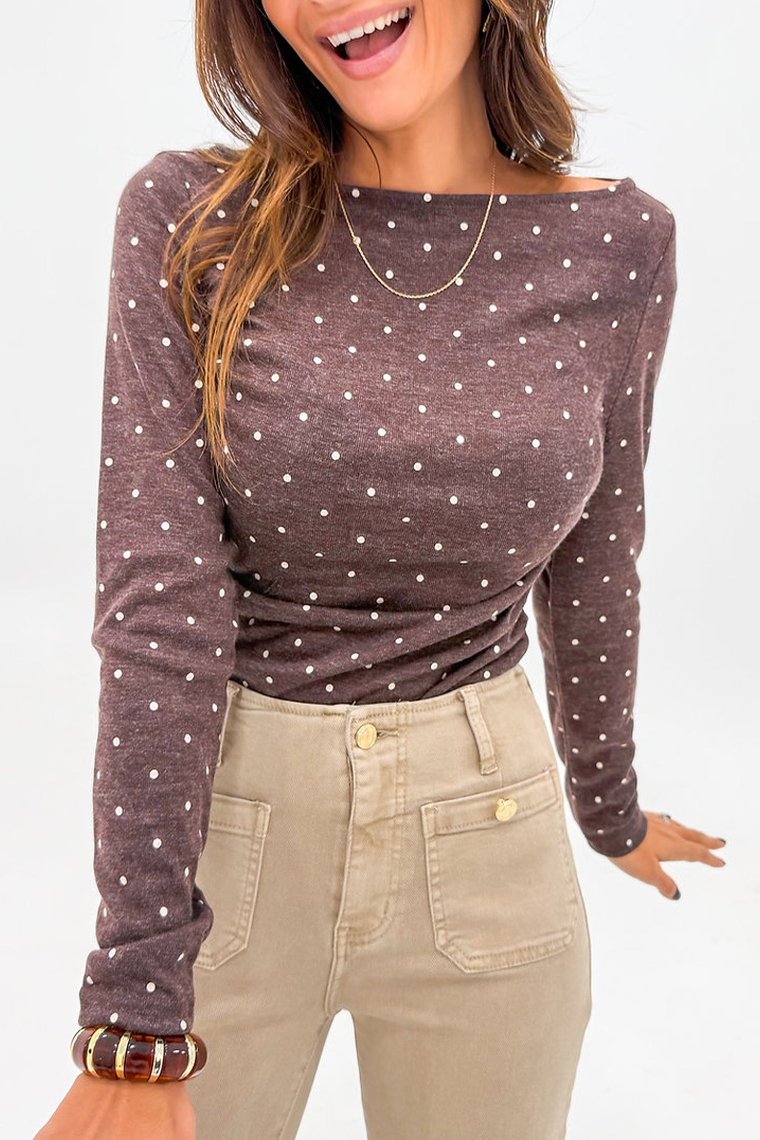 Jet Stream Polka Dot Boat Neck Knit Long Sleeve T Shirt