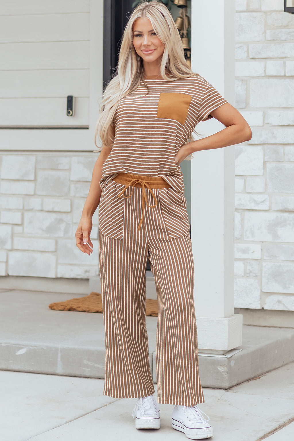 Khaki Stripe Crew Neck Tee Drawstring Waist Cropped Pants Set
