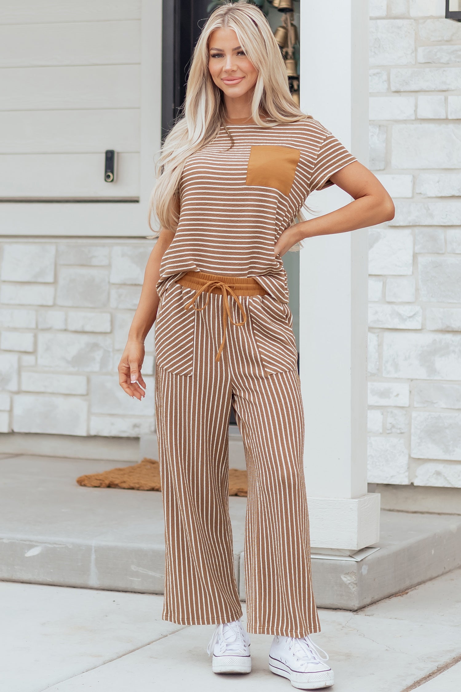 Khaki Stripe Crew Neck Tee Drawstring Waist Cropped Pants Set