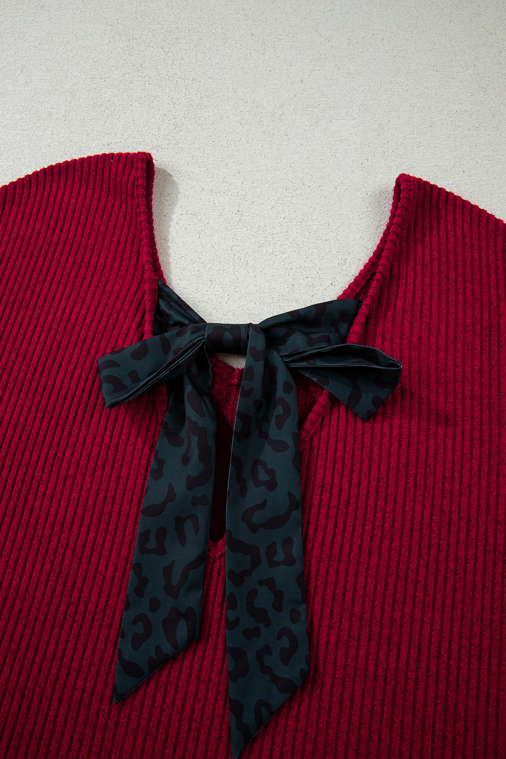 Simply Taupe Ribbed V Neck Contrast Ribbon Bow Back Drop Shoulder Long Sleeve Top