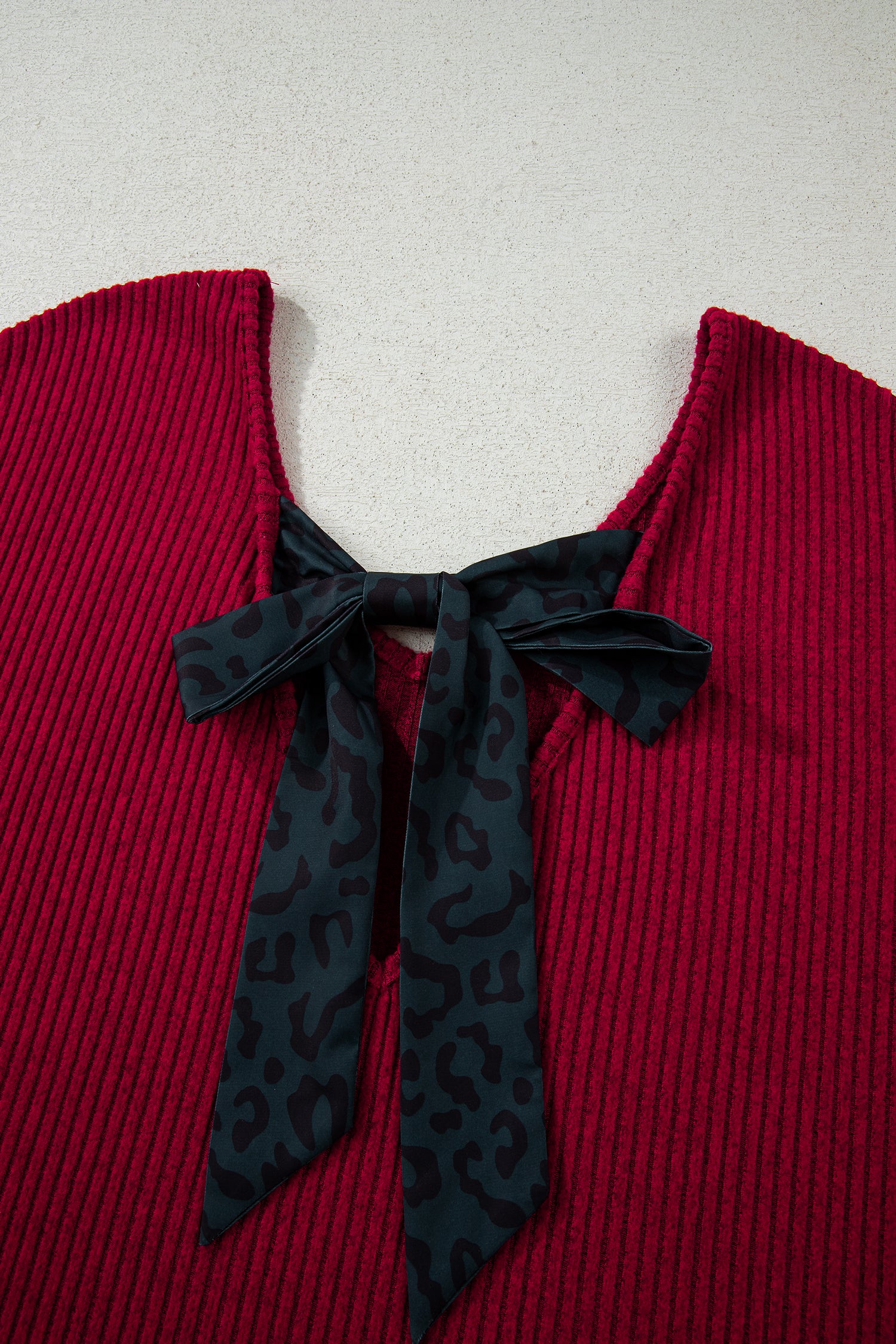 Simply Taupe Ribbed V Neck Contrast Ribbon Bow Back Drop Shoulder Long Sleeve Top