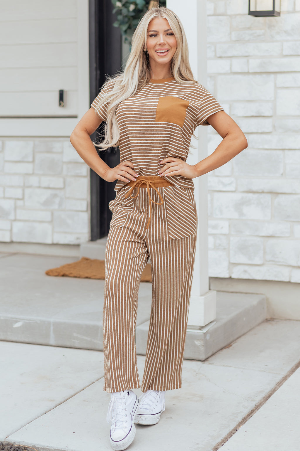 Khaki Stripe Crew Neck Tee Drawstring Waist Cropped Pants Set