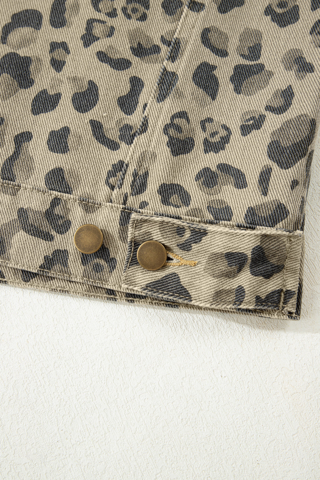 Khaki Retro Leopard Print Seam Detail Button Down Denim Jacket