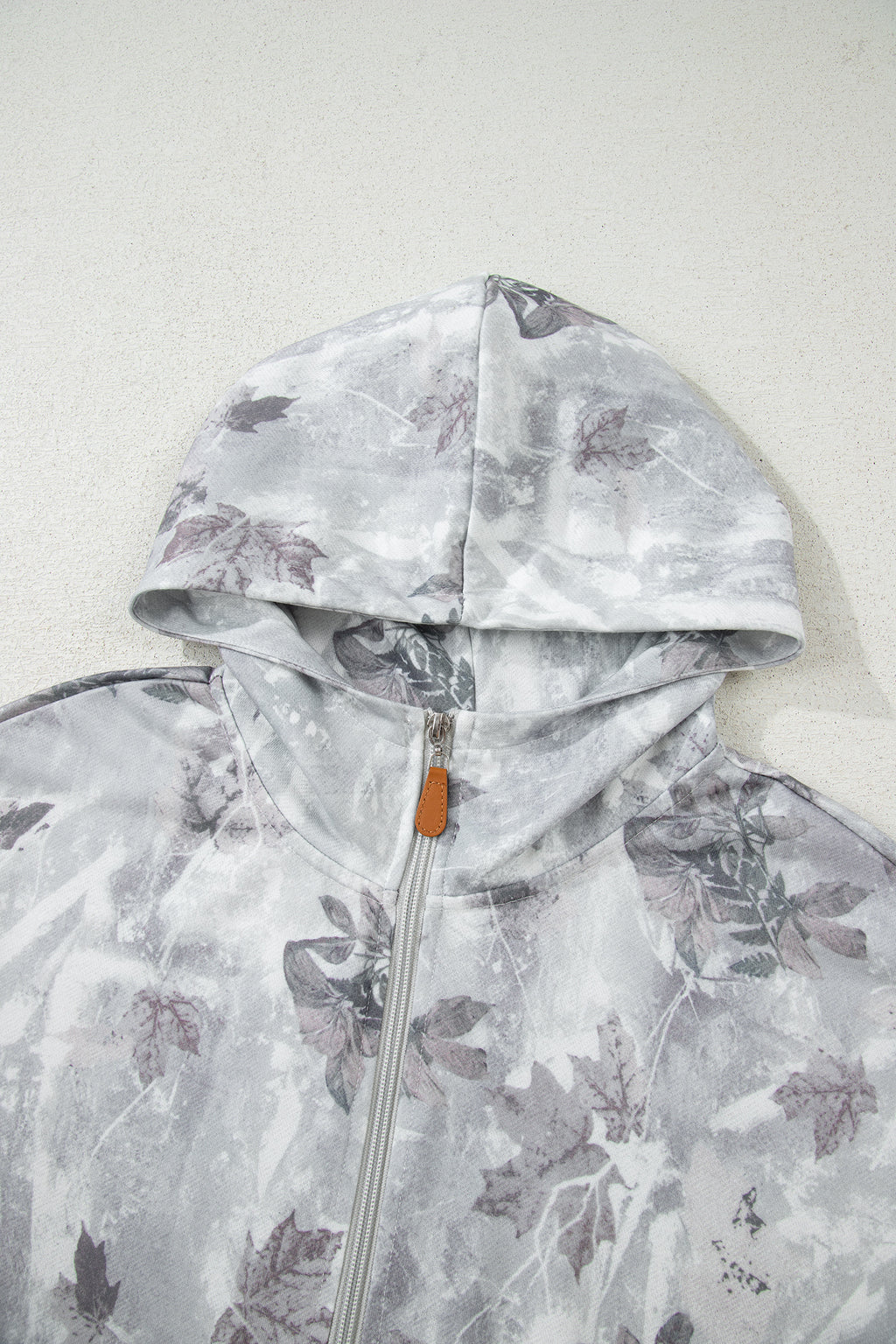 Gray Camo Leaf Print Kangaroo Pocket Quarter Zip Hoodie