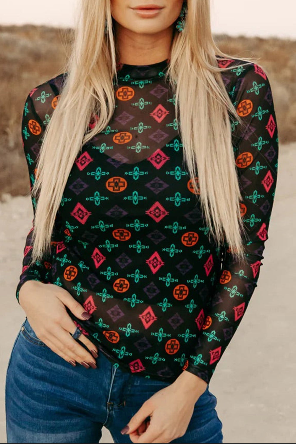 Black Western Aztec Printed Long Sleeve Mesh Top