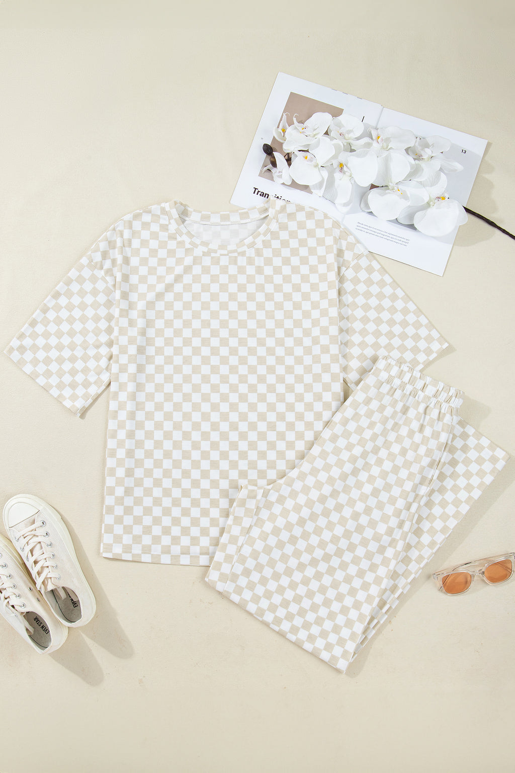 Khaki Checkered Print Half Sleeve Tee 2pcs Lounge Pant Set