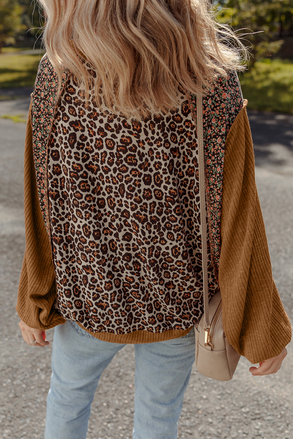 Brown Leopard Floral Print Ribbed Puff Sleeve Patchwork Loose Pullover