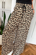 Parchment Leopard Drawstring Elastic Waistband Flowy Wide Leg Pants