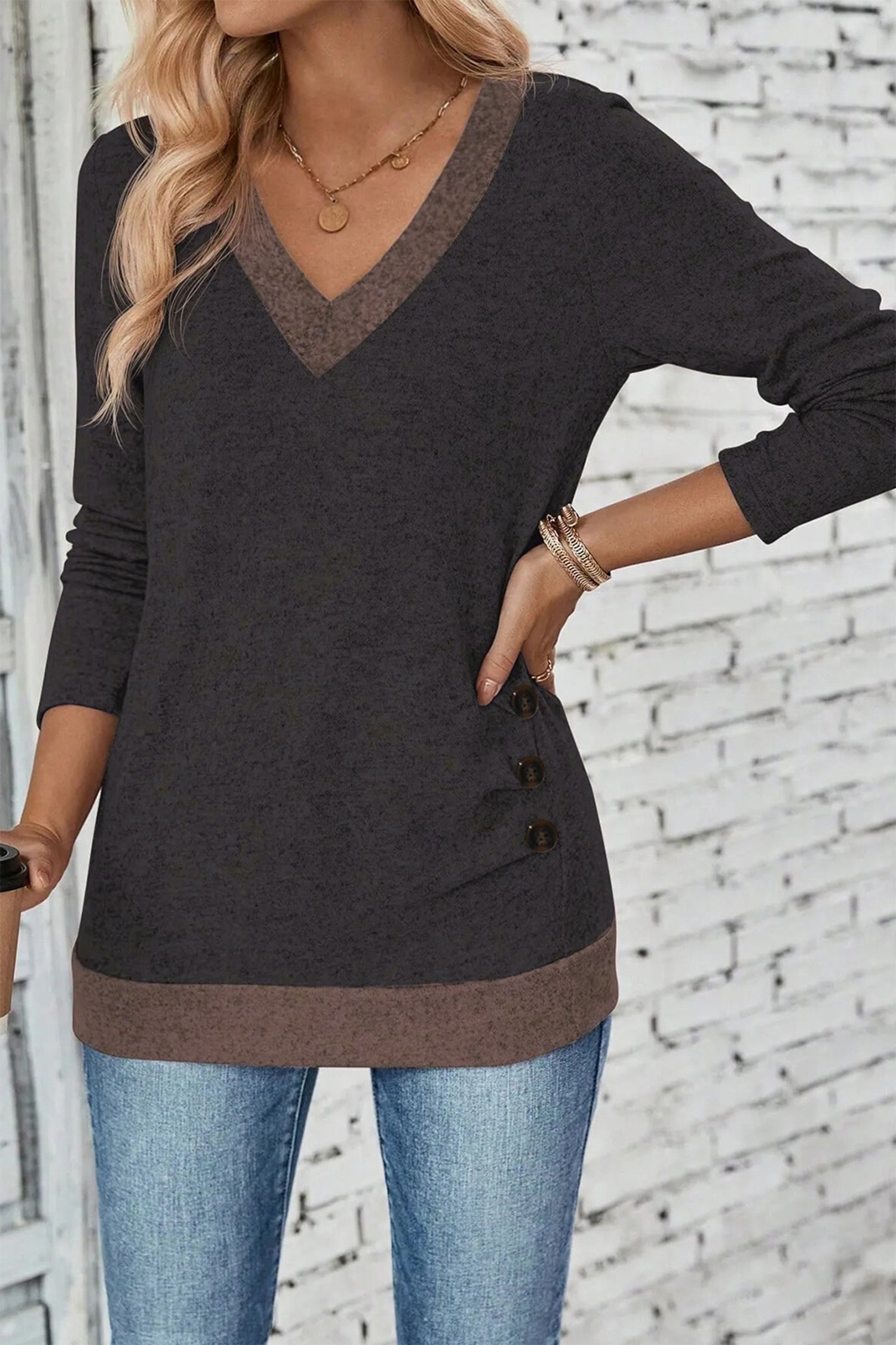 Chicory Coffee Color Block Trim V Neck Button Decor Long Sleeve Top