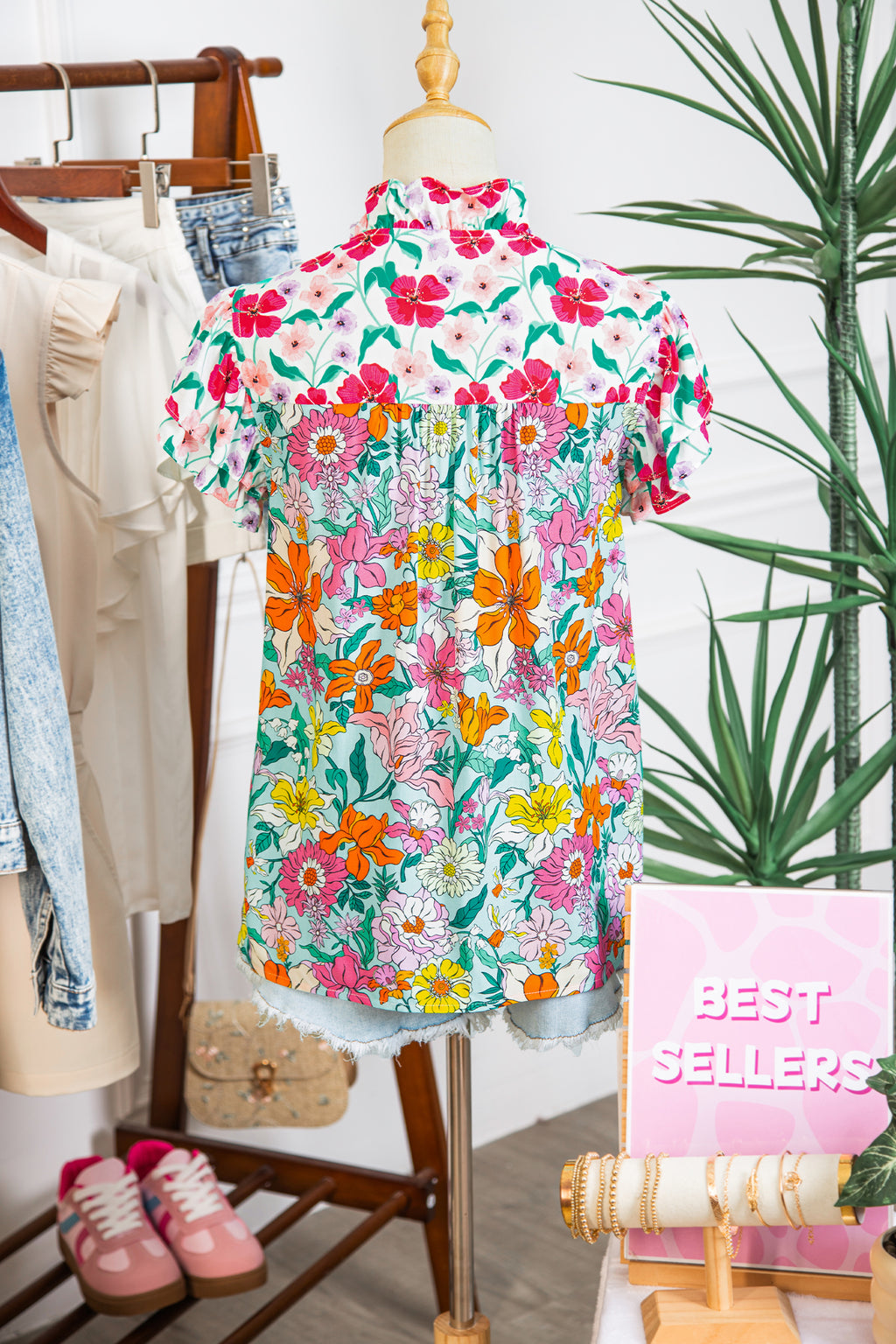 Sky Blue Floral Print Split Neck Button Front Flutter Sleeve Blouse