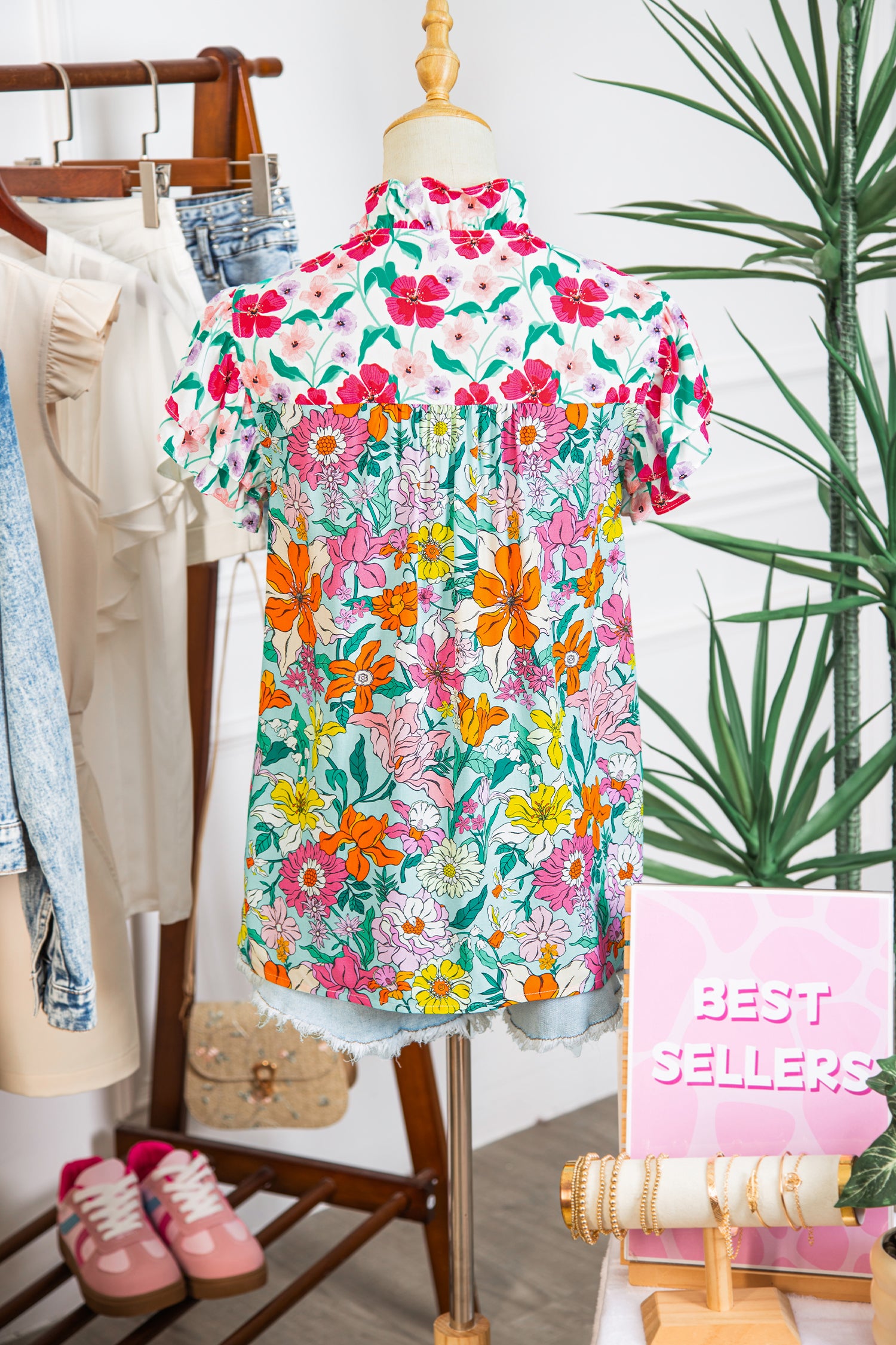 Sky Blue Floral Print Split Neck Button Front Flutter Sleeve Blouse