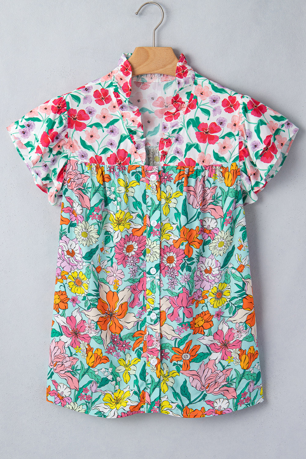 Sky Blue Floral Print Split Neck Button Front Flutter Sleeve Blouse