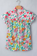 Sky Blue Floral Print Split Neck Button Front Flutter Sleeve Blouse