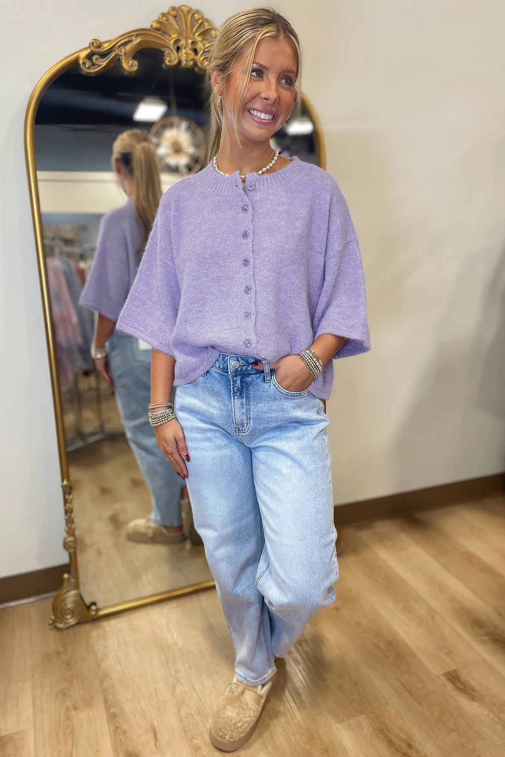 Lavendula 3/4 Sleeve Boxy Knit Button Down Sweater Cardigan