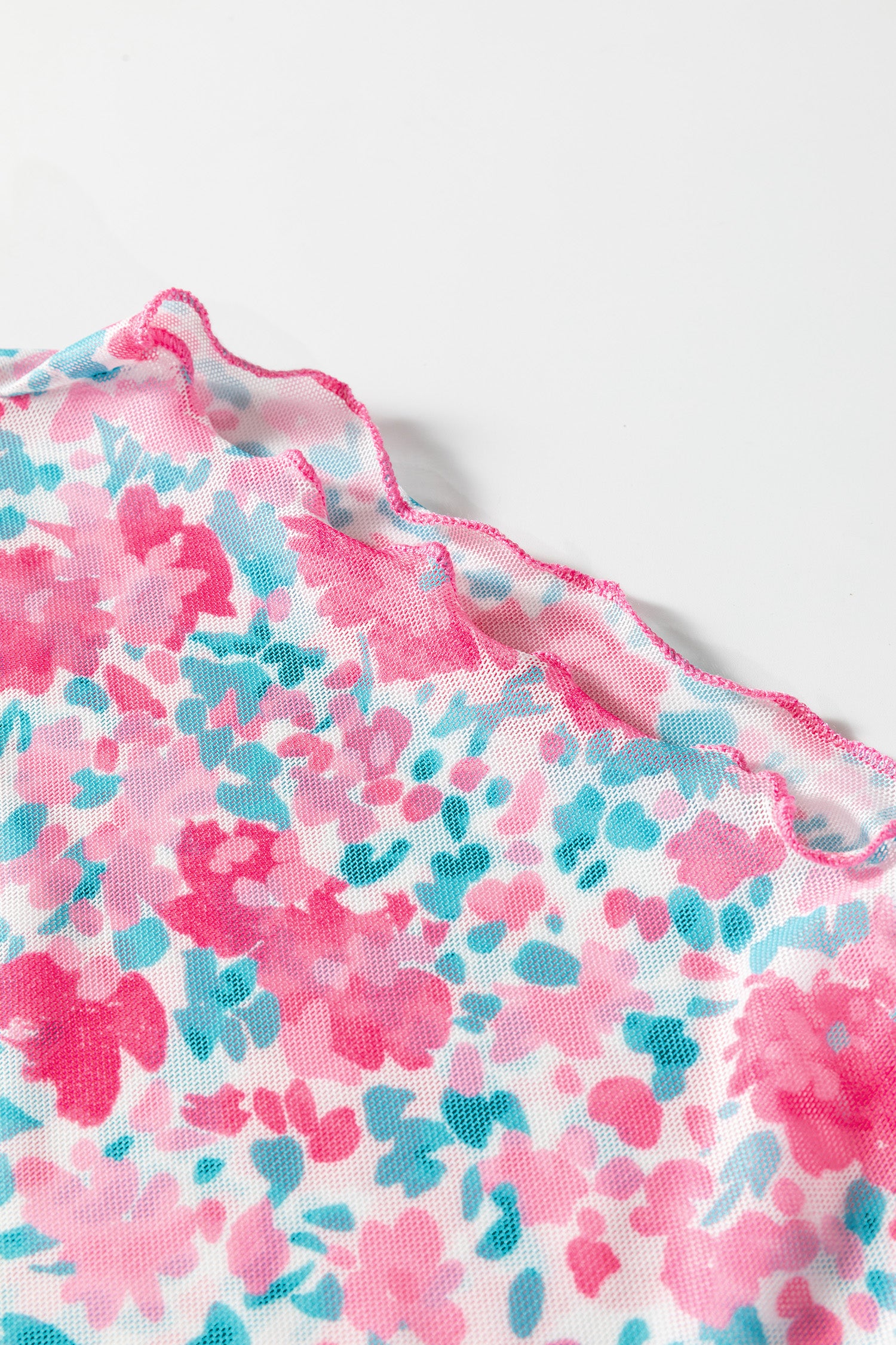 Pink Slim Fit Floral Mesh Long Sleeve Mock Neck Top