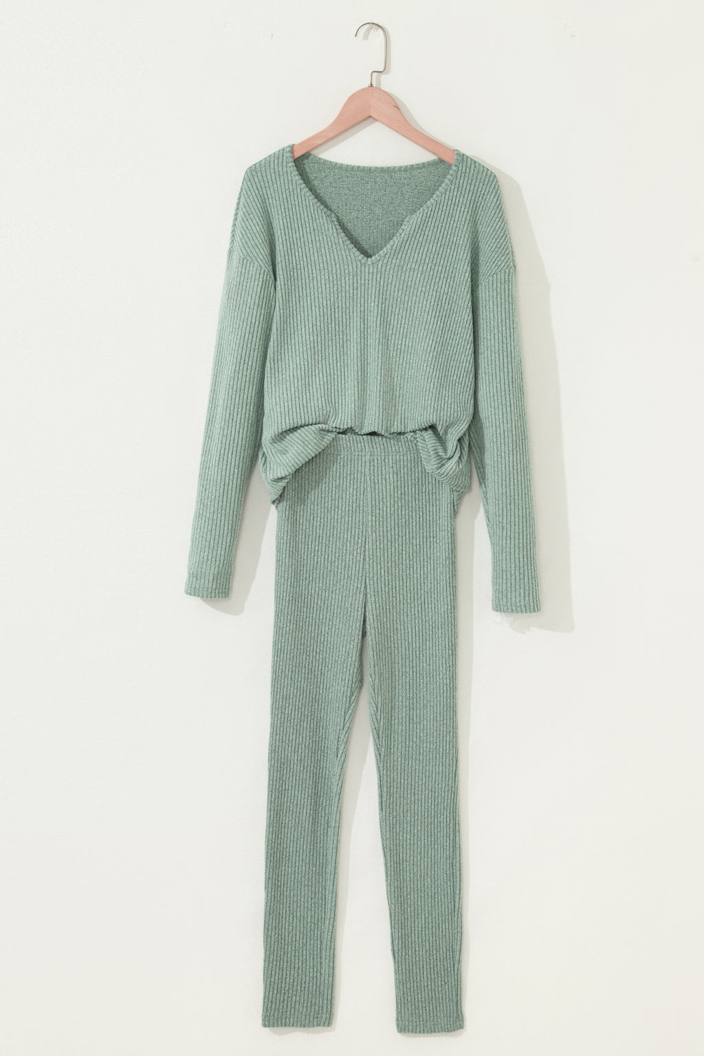 Racing Red Ribbed Notched Neck Knit Long Sleeve Leggings Two Pieces Lounge Set