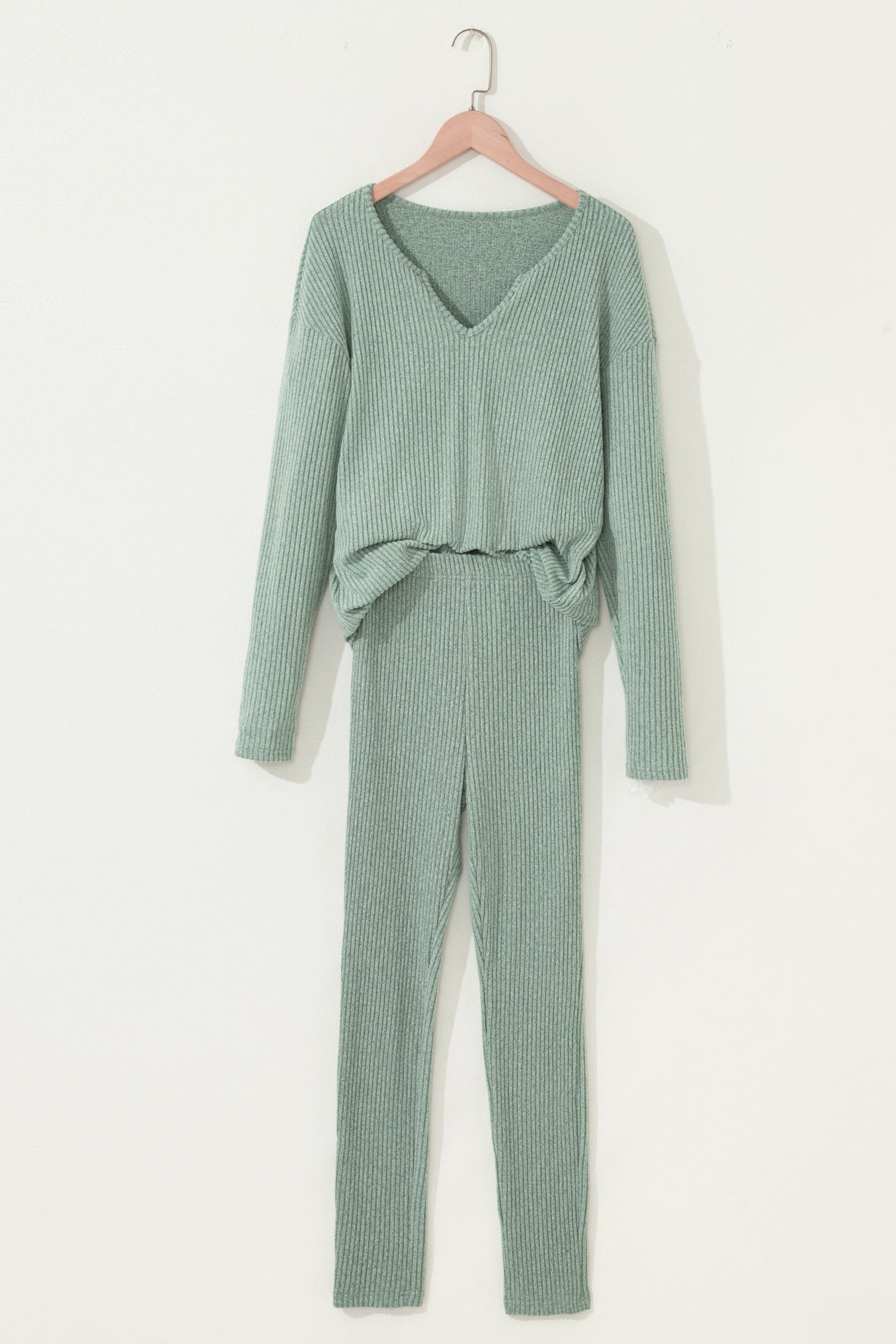 Racing Red Ribbed Notched Neck Knit Long Sleeve Leggings Two Pieces Lounge Set