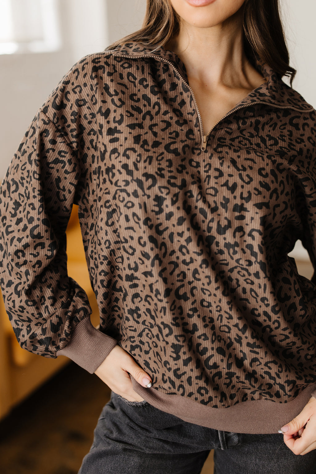 Brown Leopard Print Quarter Zip Corduroy Sweatshirt