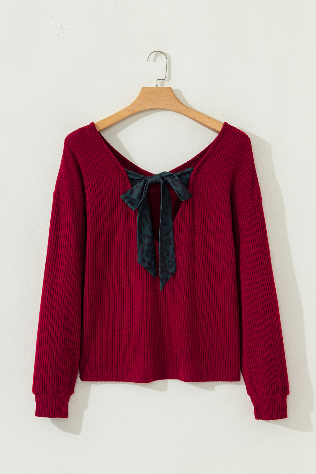 Simply Taupe Ribbed V Neck Contrast Ribbon Bow Back Drop Shoulder Long Sleeve Top