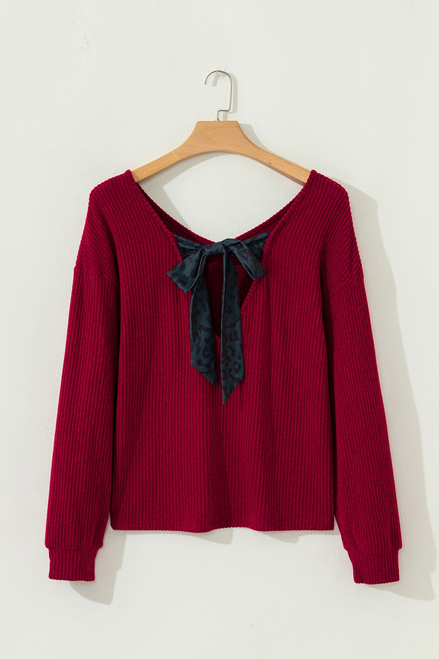 Simply Taupe Ribbed V Neck Contrast Ribbon Bow Back Drop Shoulder Long Sleeve Top