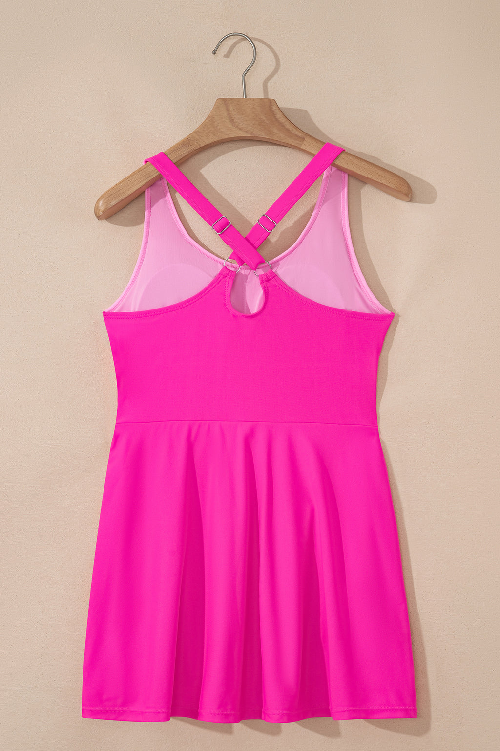 Rose Red Contrast Trim Neckline Active Shorts Attached One Piece Swim Dress