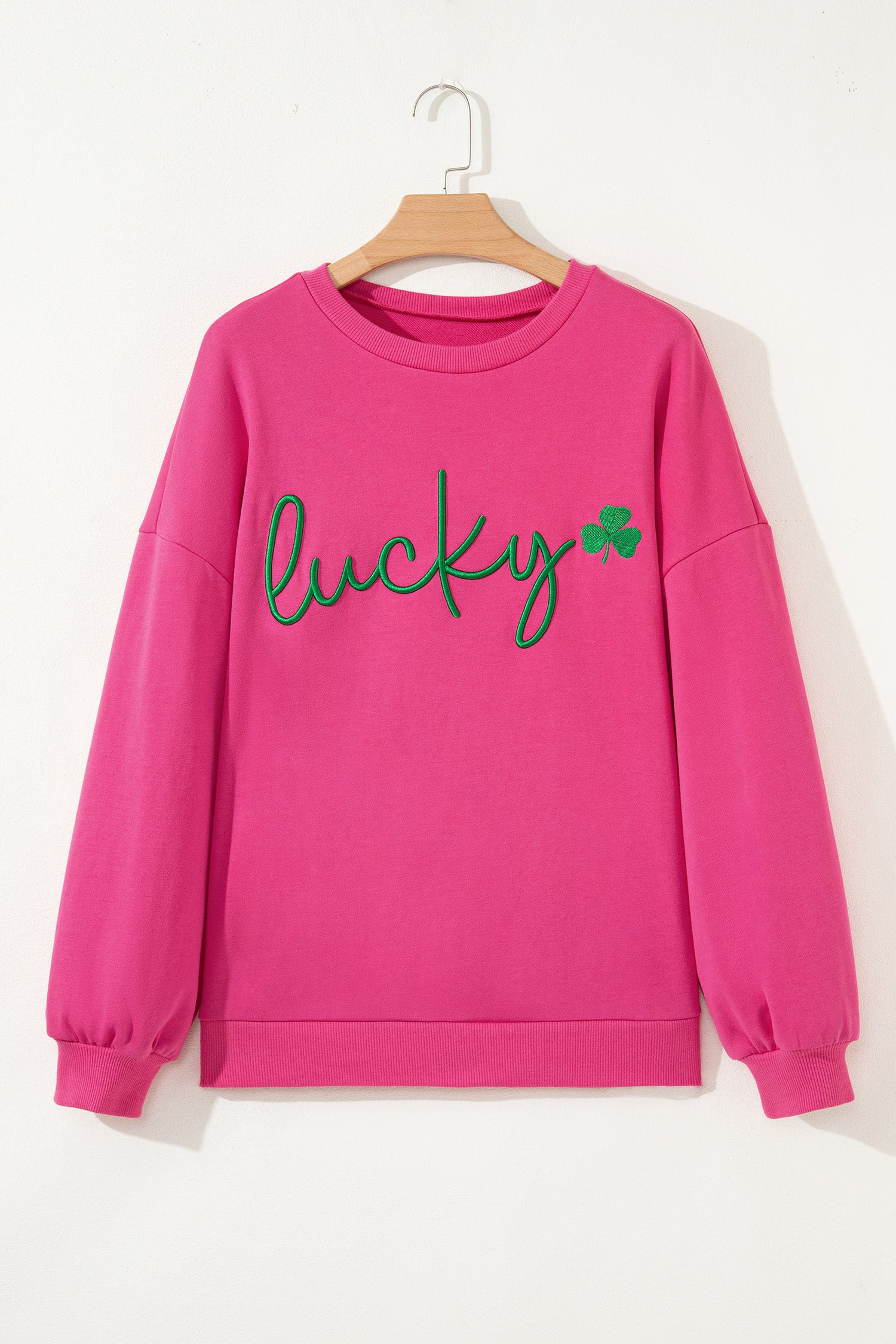 Rose Red Lucky Clover Embroidered Loose Pullover Sweatshirt