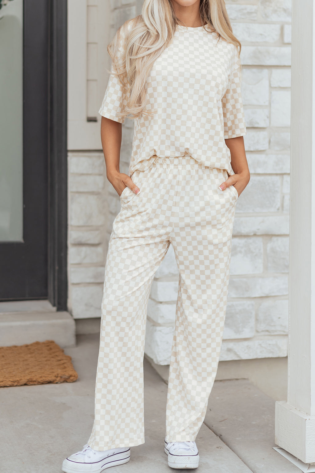 Khaki Checkered Print Half Sleeve Tee 2pcs Lounge Pant Set
