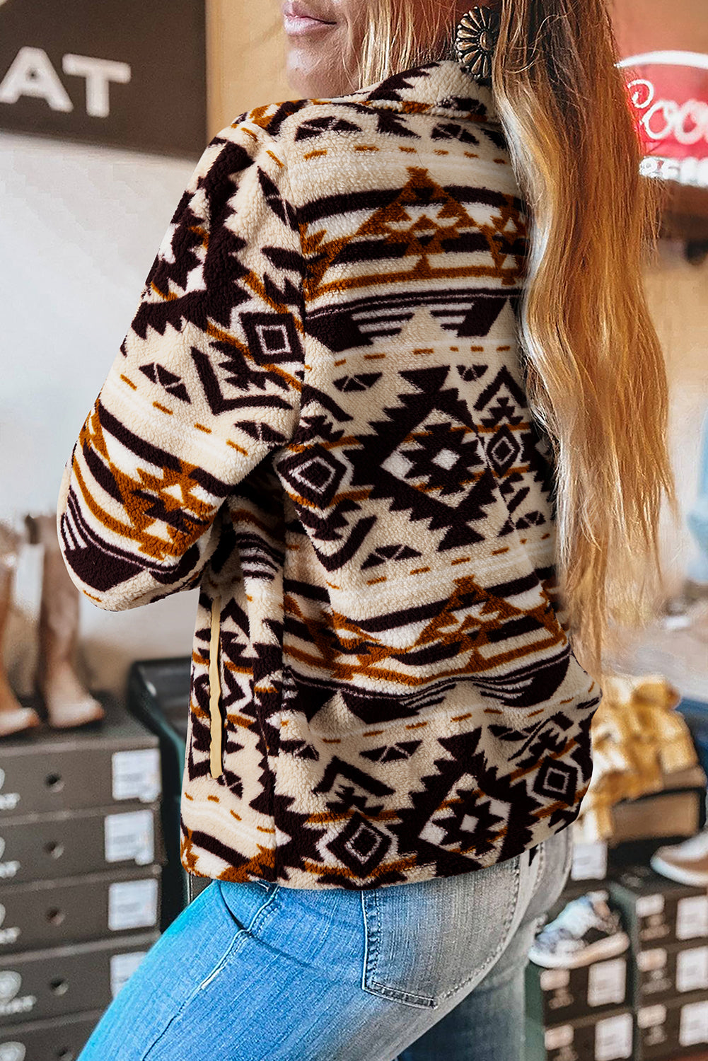 Beige Western Aztec Half Zip Plush Sweatshirt