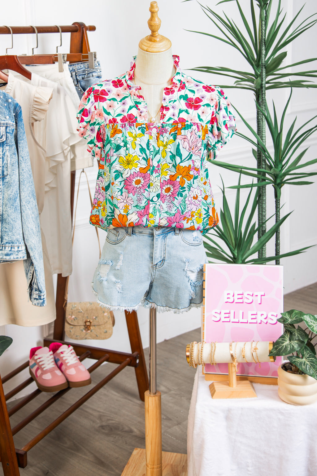 Sky Blue Floral Print Split Neck Button Front Flutter Sleeve Blouse