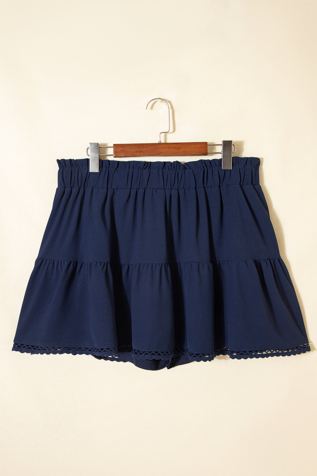 Navy Blue Plus Size Frilled Elastic Waist Lace Trim Boho Ruffled Shorts