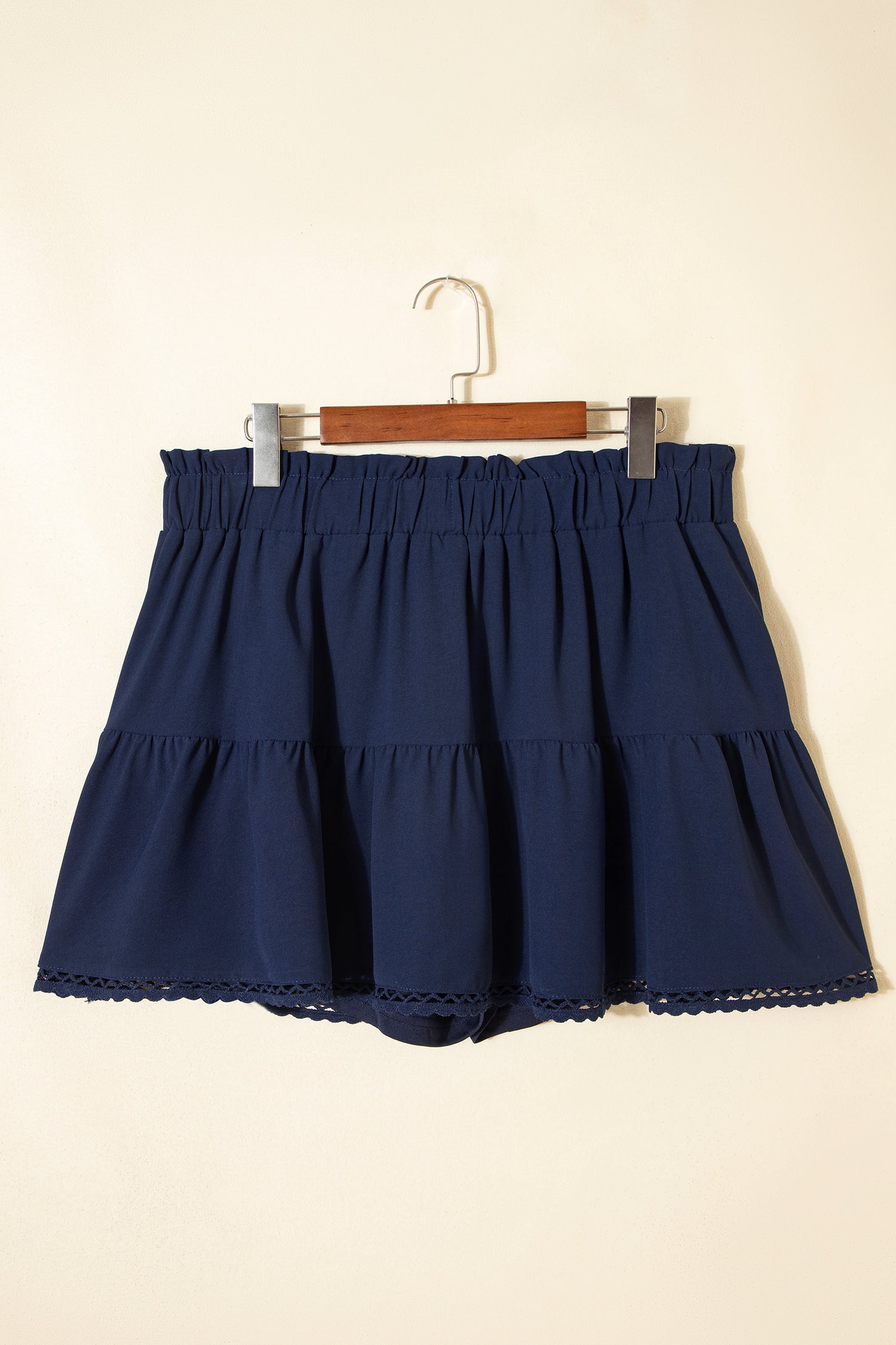Navy Blue Plus Size Frilled Elastic Waist Lace Trim Boho Ruffled Shorts