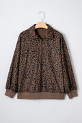 Brown Leopard Print Quarter Zip Corduroy Sweatshirt