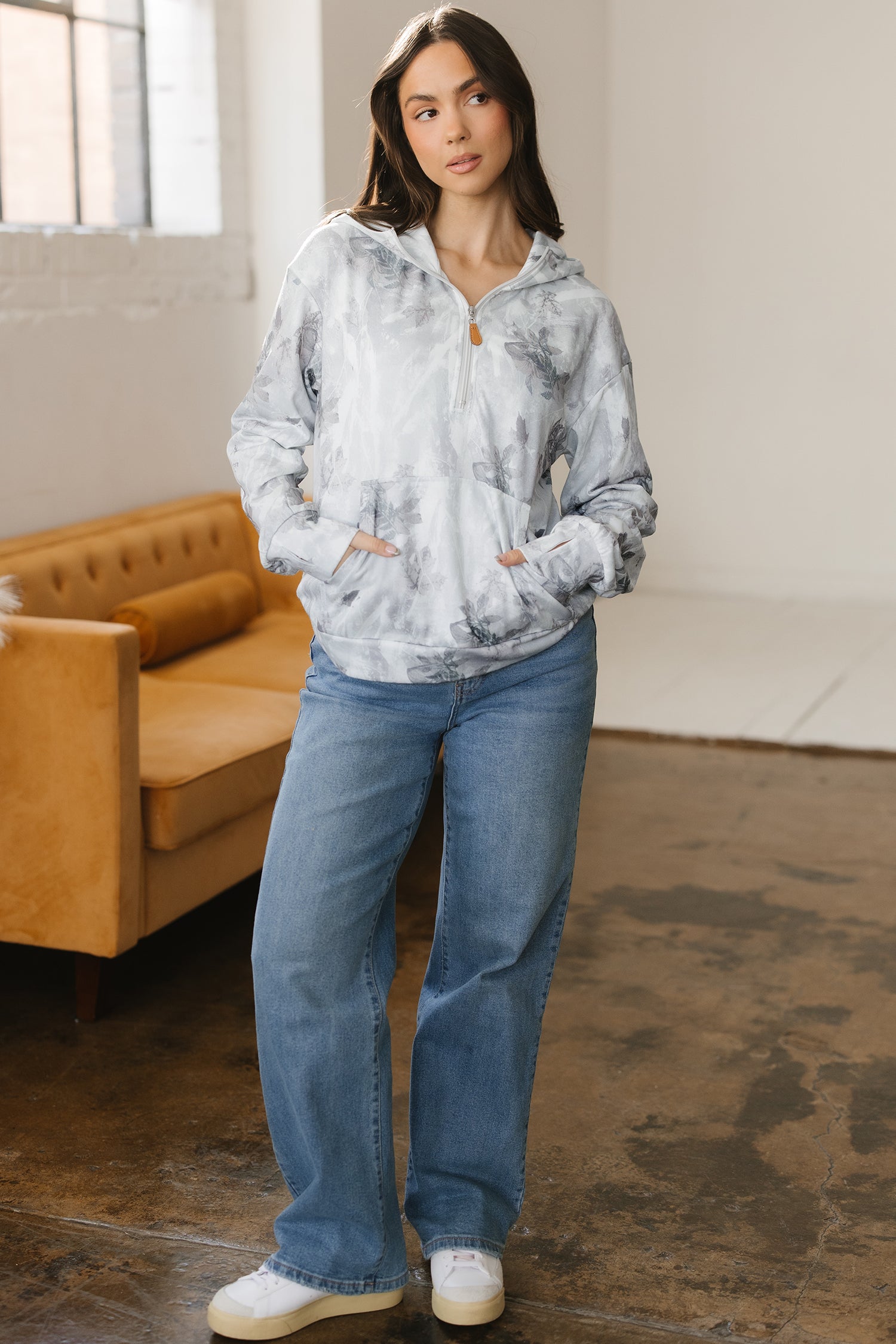 Gray Camo Leaf Print Kangaroo Pocket Quarter Zip Hoodie