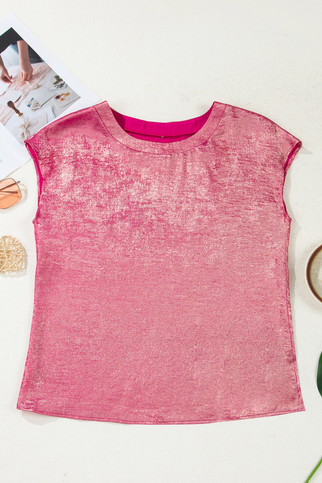 Bright Pink Metallic Round Neck Cap Sleeve Tee