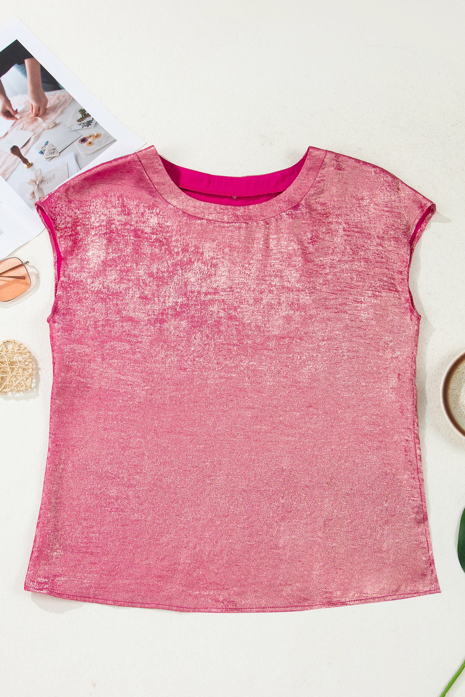 Bright Pink Metallic Round Neck Cap Sleeve Tee