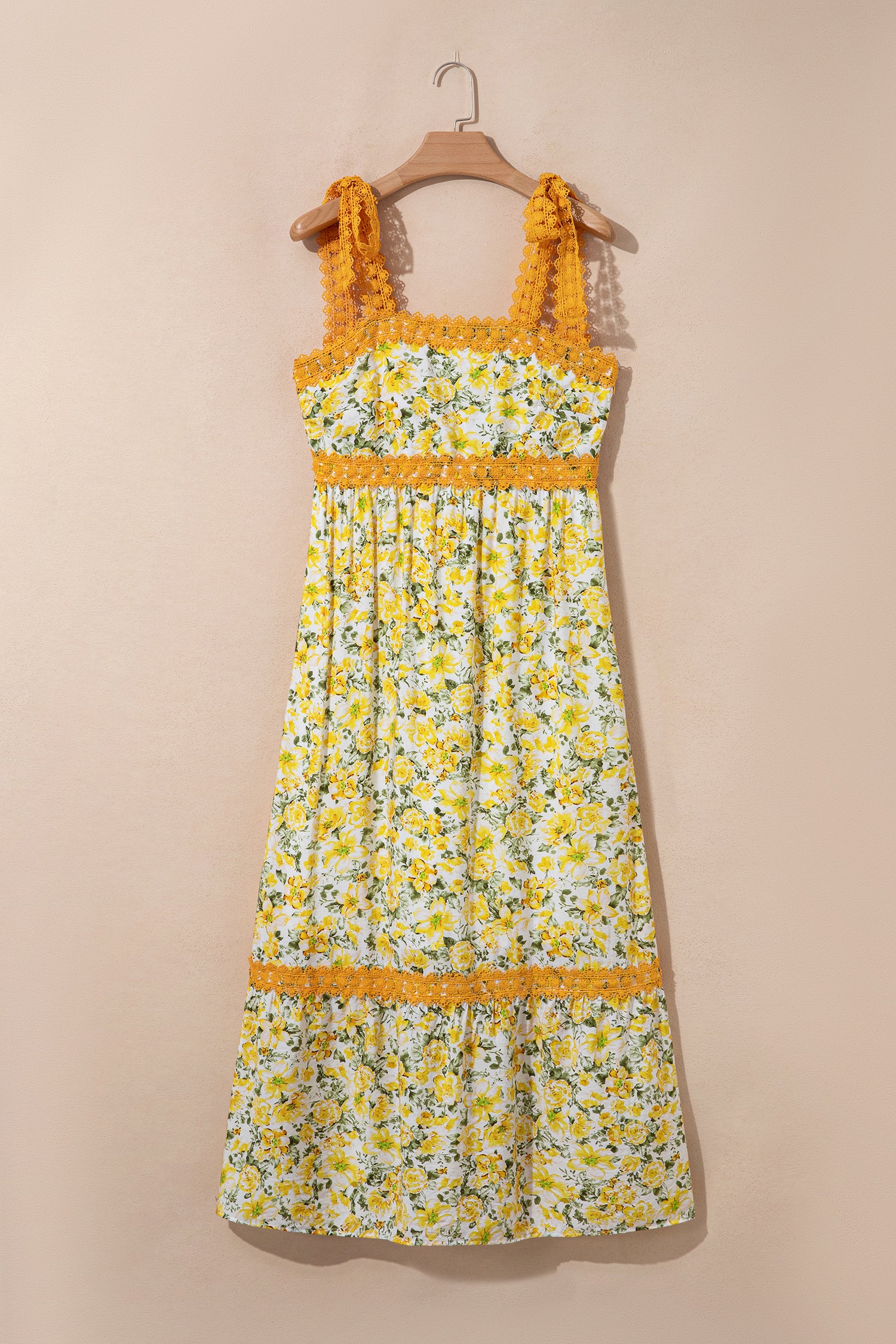 Banana Cream Floral Lace Tied Strap Empire Waist Maxi Dress