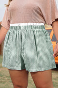 Green Contrast Trim Plaid Print Plus Size Shorts