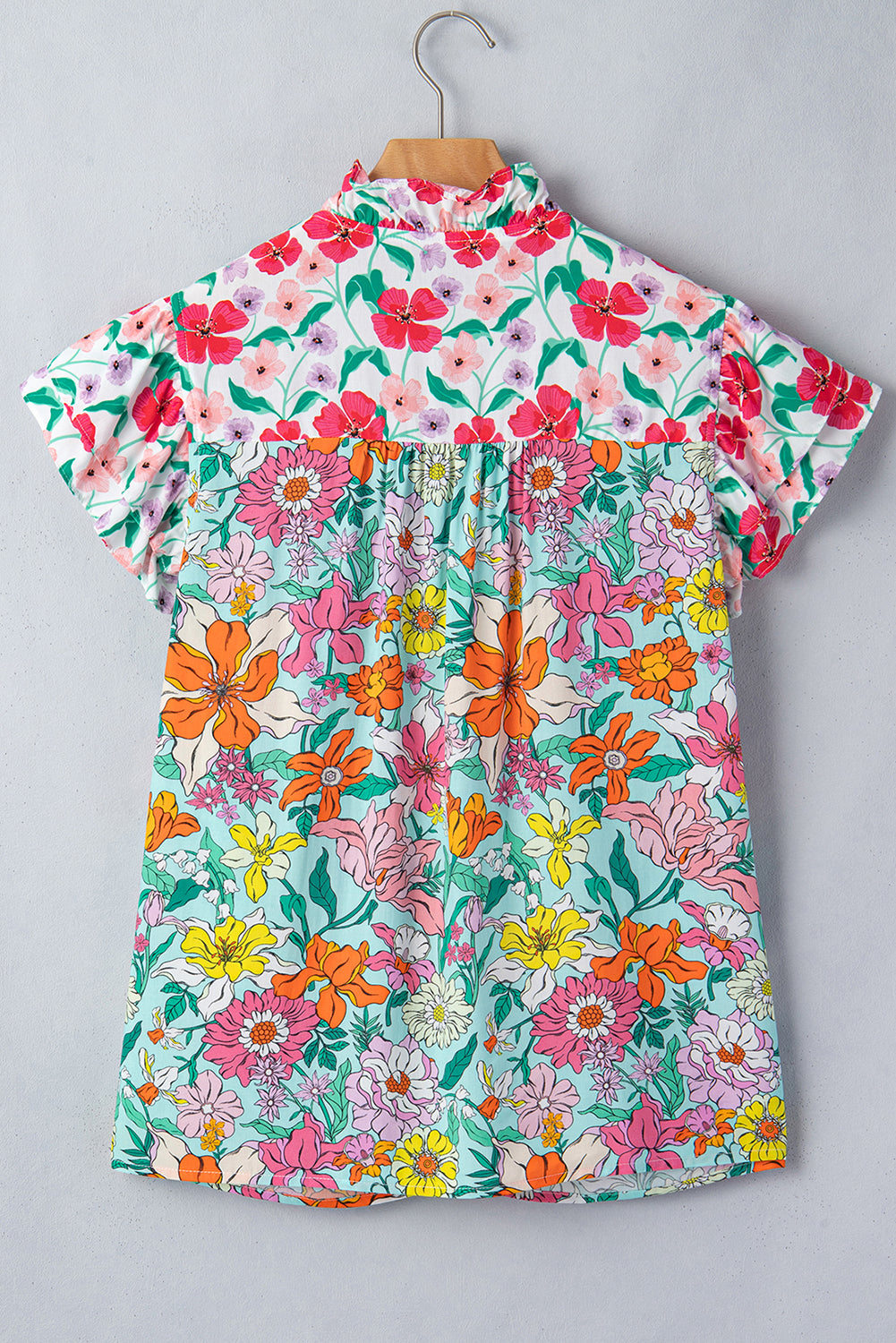 Sky Blue Floral Print Split Neck Button Front Flutter Sleeve Blouse