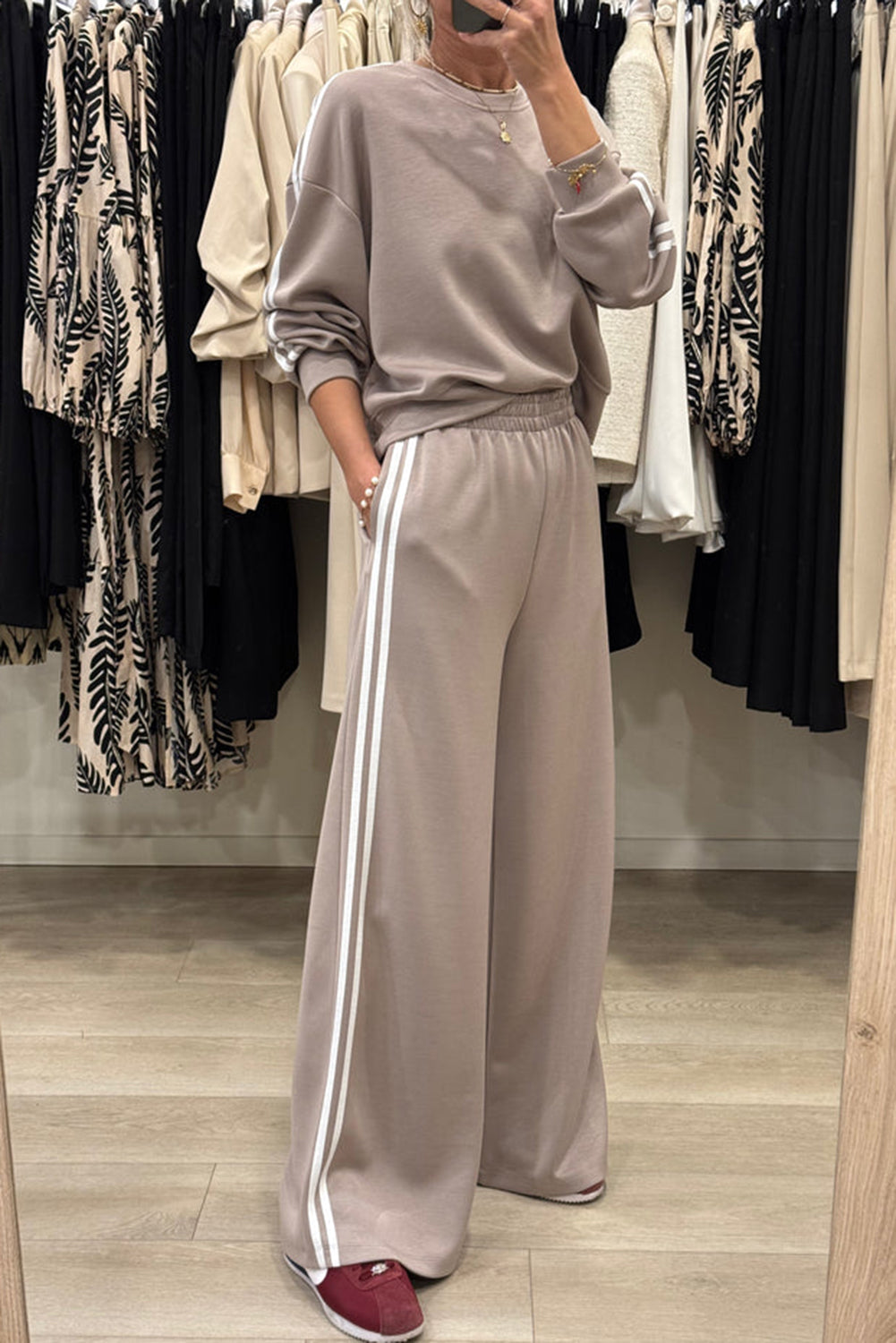 Dirty blue Varsity Striped Detail Crewneck Pullover Elastic Sweatpants 2pcs Outfit