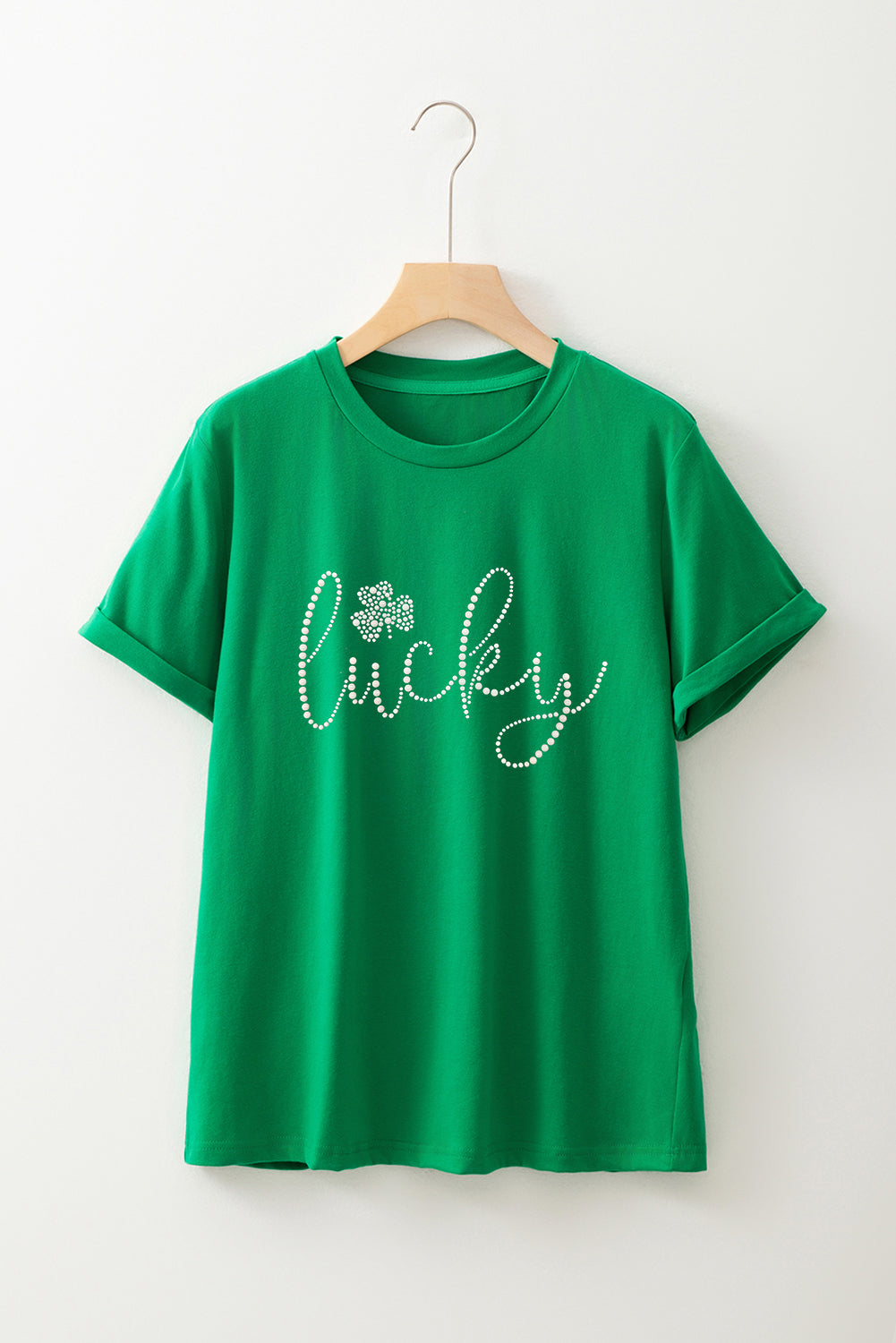 Bright Green Ceramic Rhinestone Lucky Clover Graphic Tee