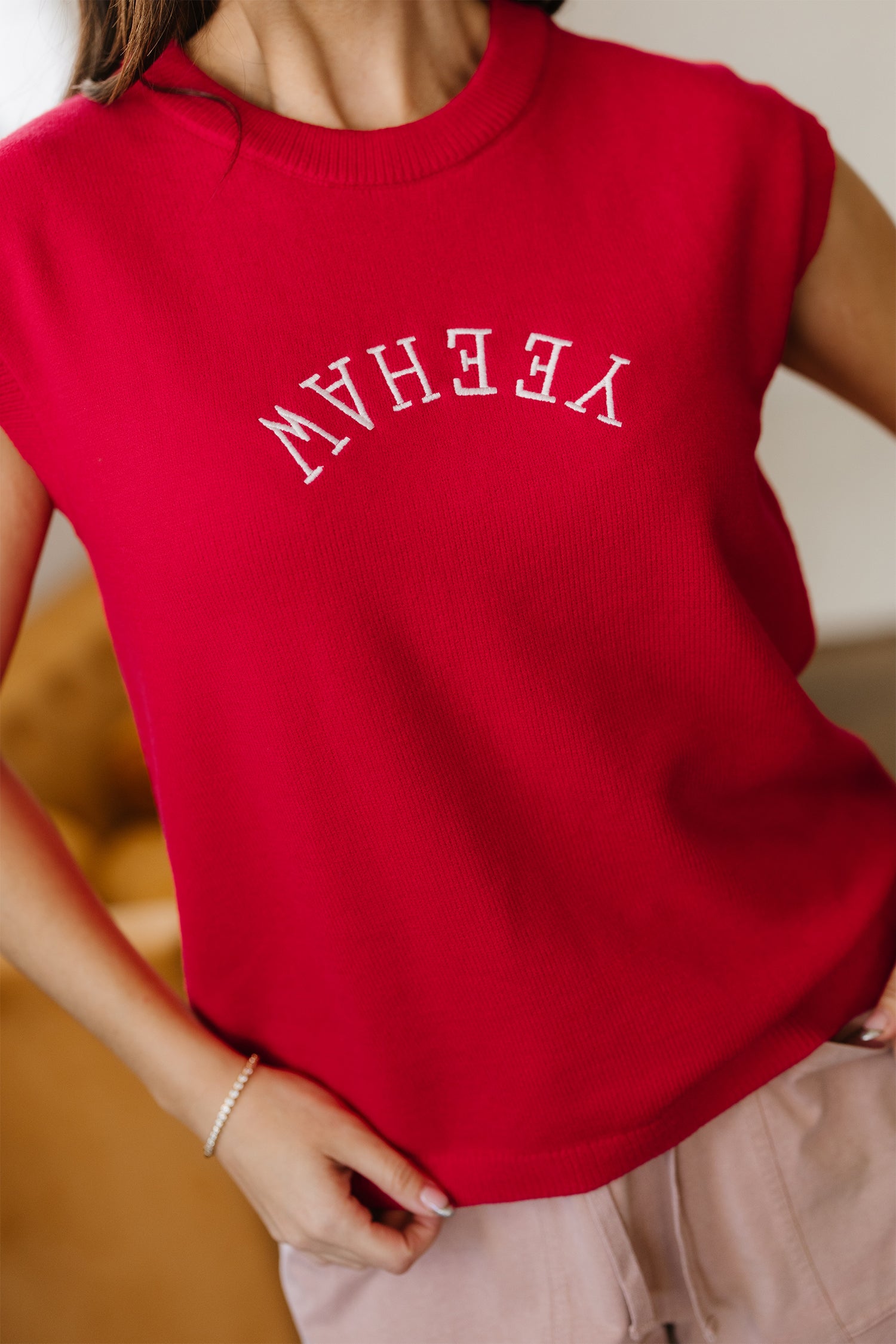 Fiery Red YEEHAW Embroidered Letter Loose Short Sleeve Sweater