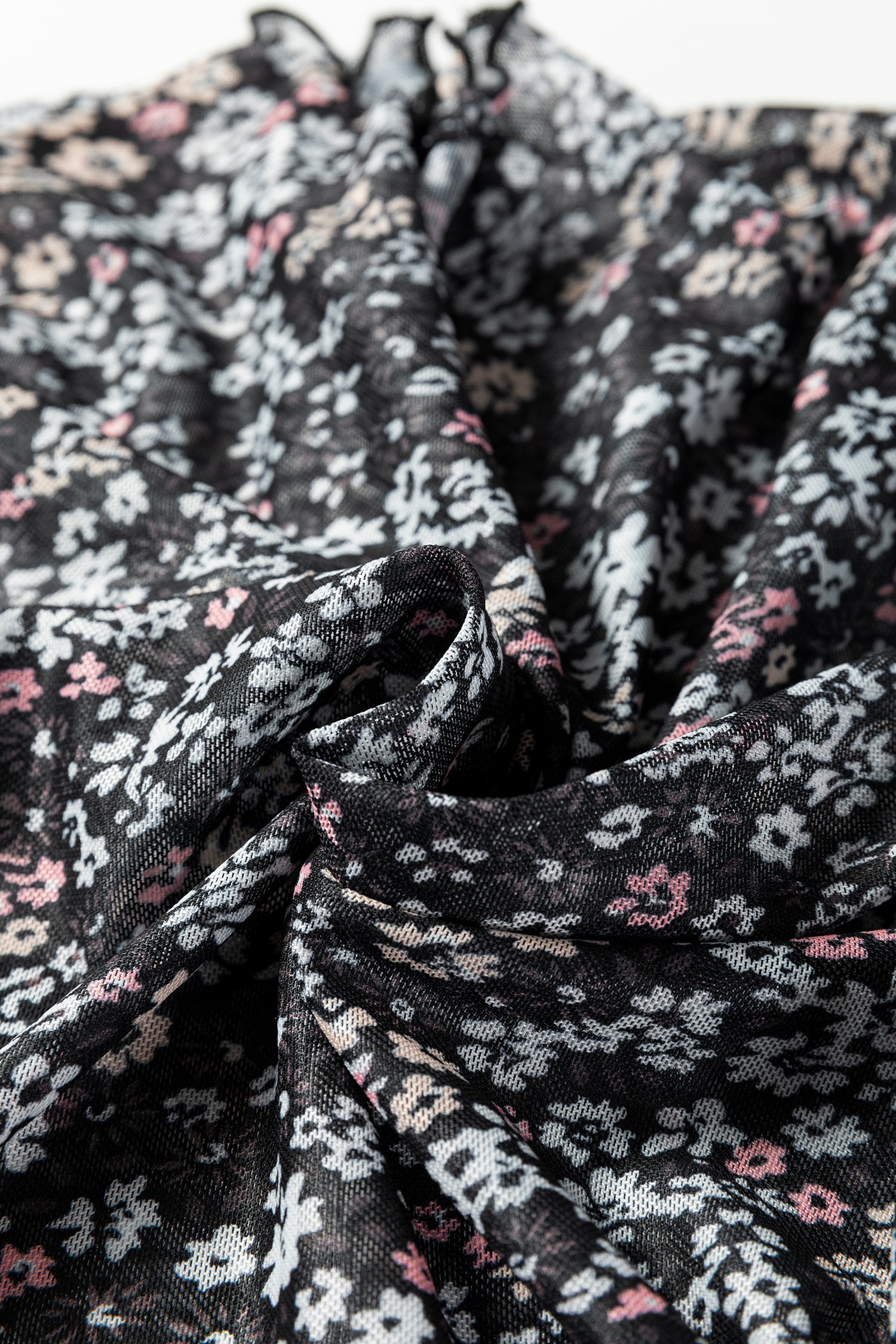 Black Ditsy Floral Mesh Thumbhole Sleeve Slim Fit Top