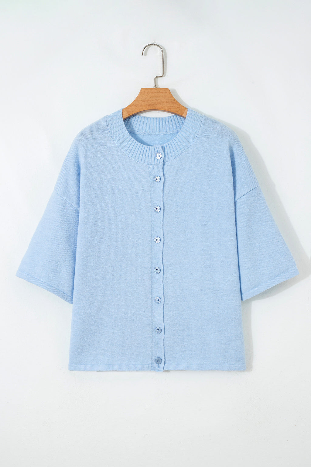 Beau Blue 3/4 Sleeve Boxy Knit Button Down Sweater Cardigan